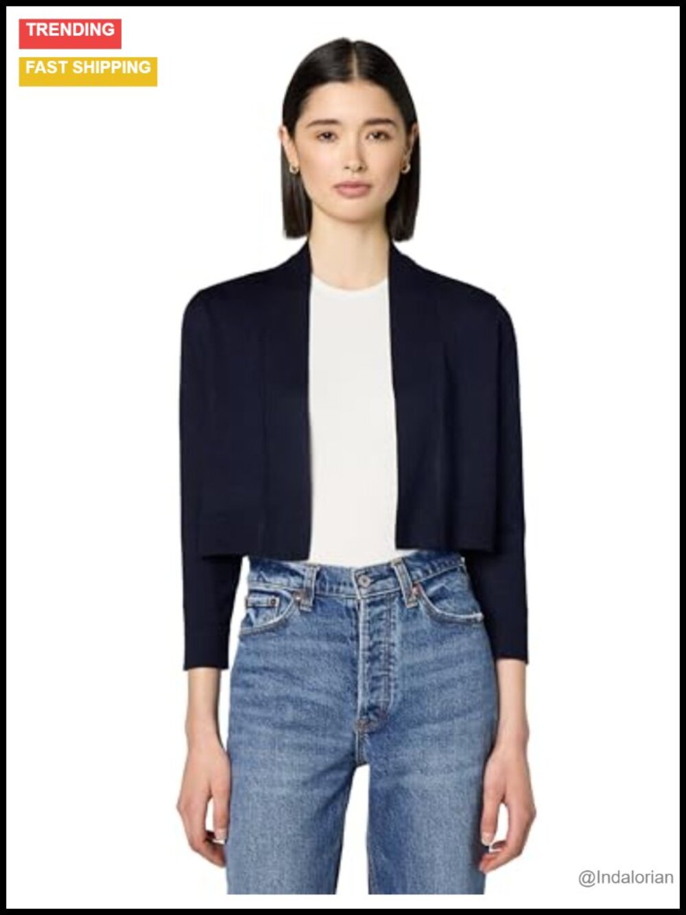 Calvin Klein 3/4 Sleeve Open Front Shrug Cropped Rib-Knit Trim Breathable
